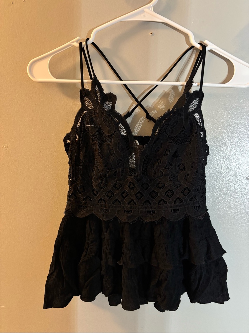 Zenana Outfitters Black Lace Tiered Cami with Crisscross Straps
